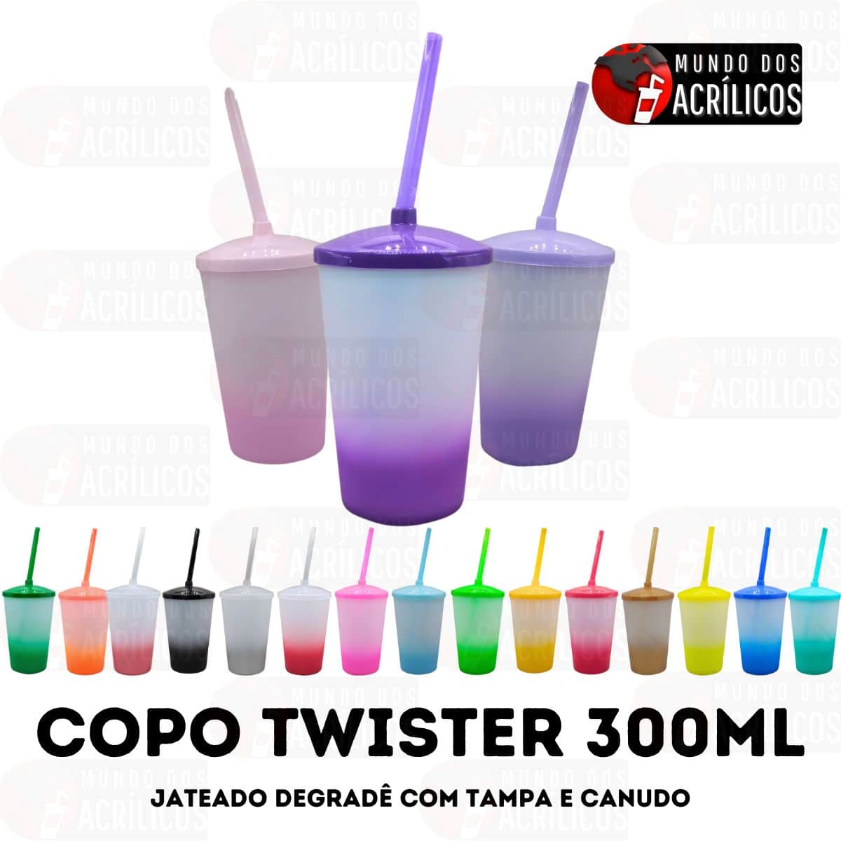 COPO TWISTER 300ML COM TAMPA E CANUDO JATEADO DEGRADÊ Mundo Dos